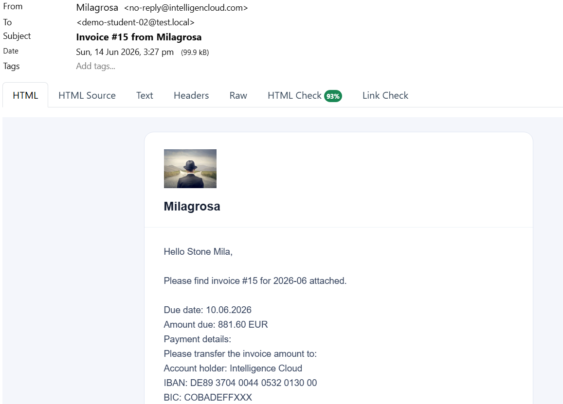 Отриманий email з рахунком, датою оплати, сумою, реквізитами і PDF-вкладенням
