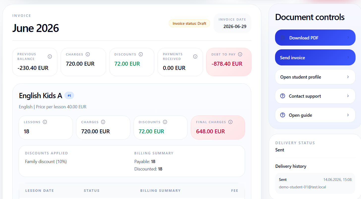 Профіль рахунка з дією Send invoice та історією відправлення