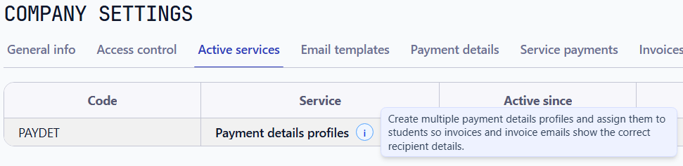 Таблиця активних послуг з увімкненими Payment details profiles