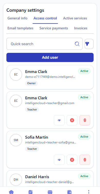 Mobile access control list with employee and teacher cards