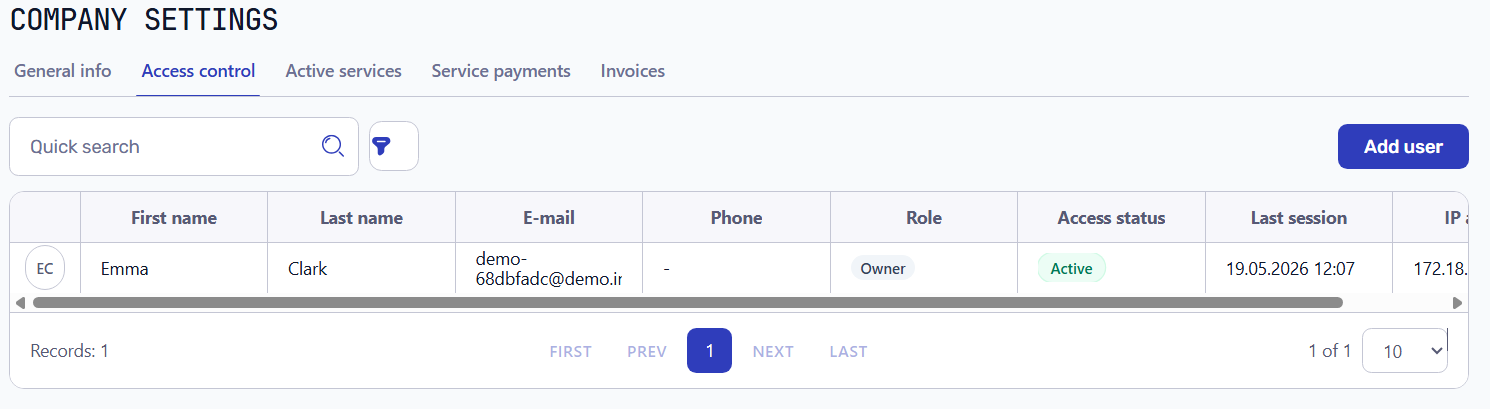 Access control table in Company settings showing workspace users, roles, access status, last session, and IP address