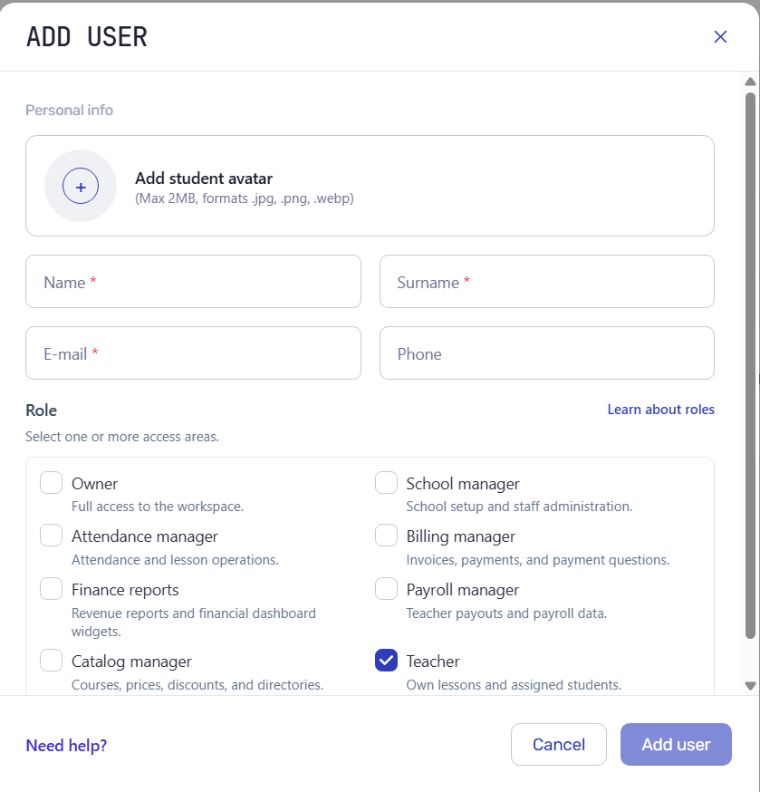 Add user form with personal information fields and role checkboxes for access areas