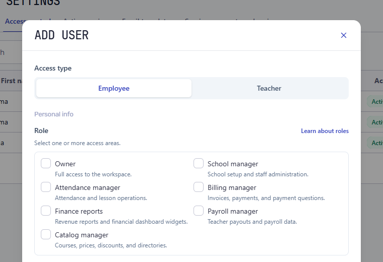 Employee access form with role checkboxes for school operations, billing, reports, payroll, and catalog management