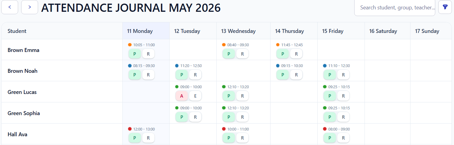 Attendance journal showing weekly lesson attendance in Intelligence Cloud