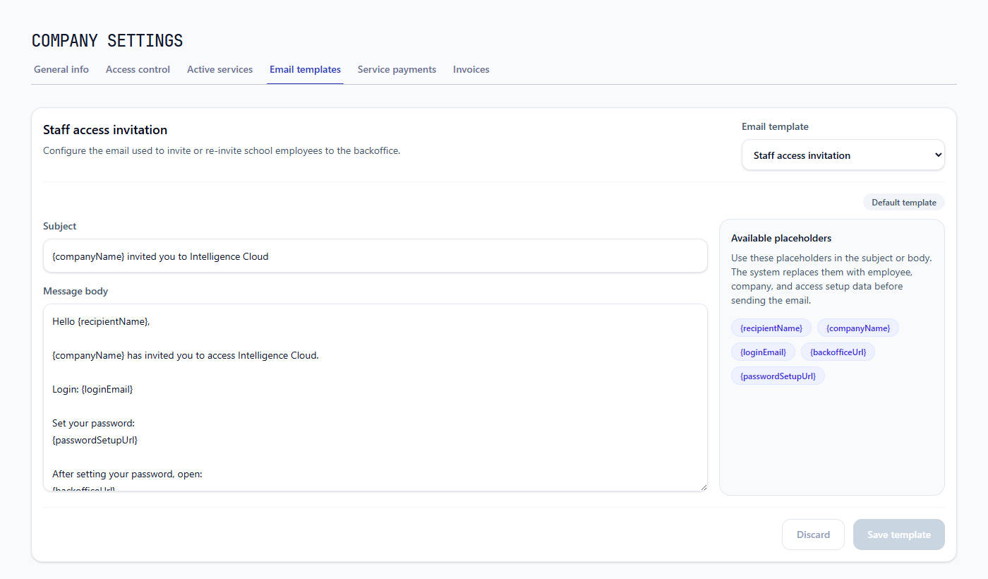 Staff access invitation template with employee, login, and password setup placeholders