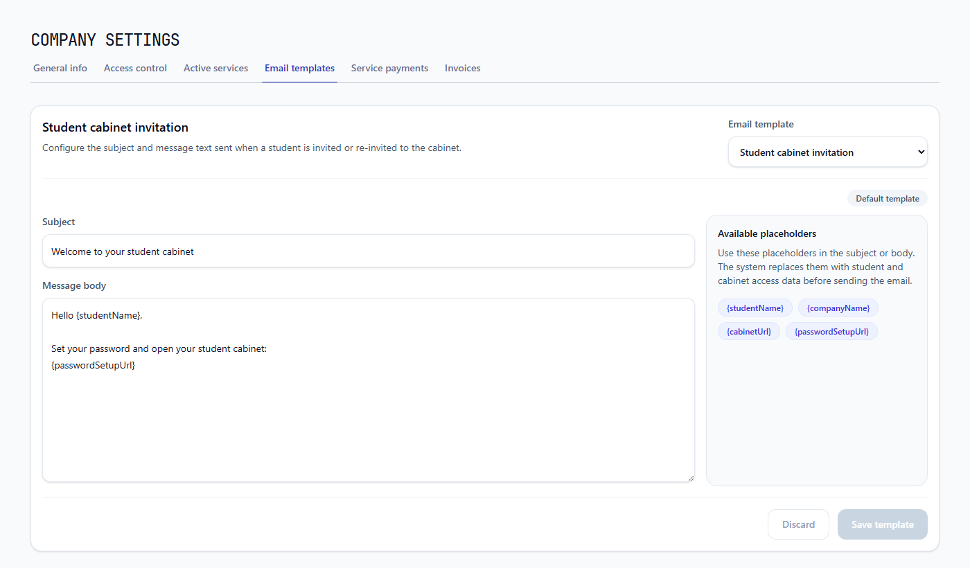 Student portal invitation template with student and account setup placeholders