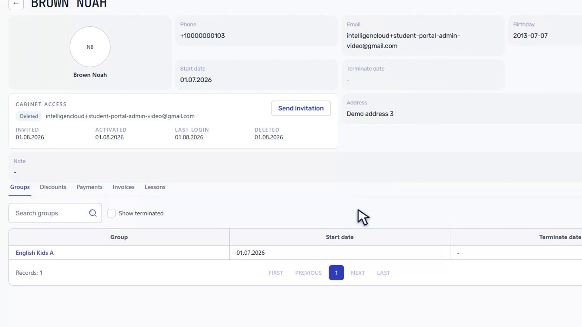Cabinet access panel showing Deleted status, access dates, and the Send invitation action