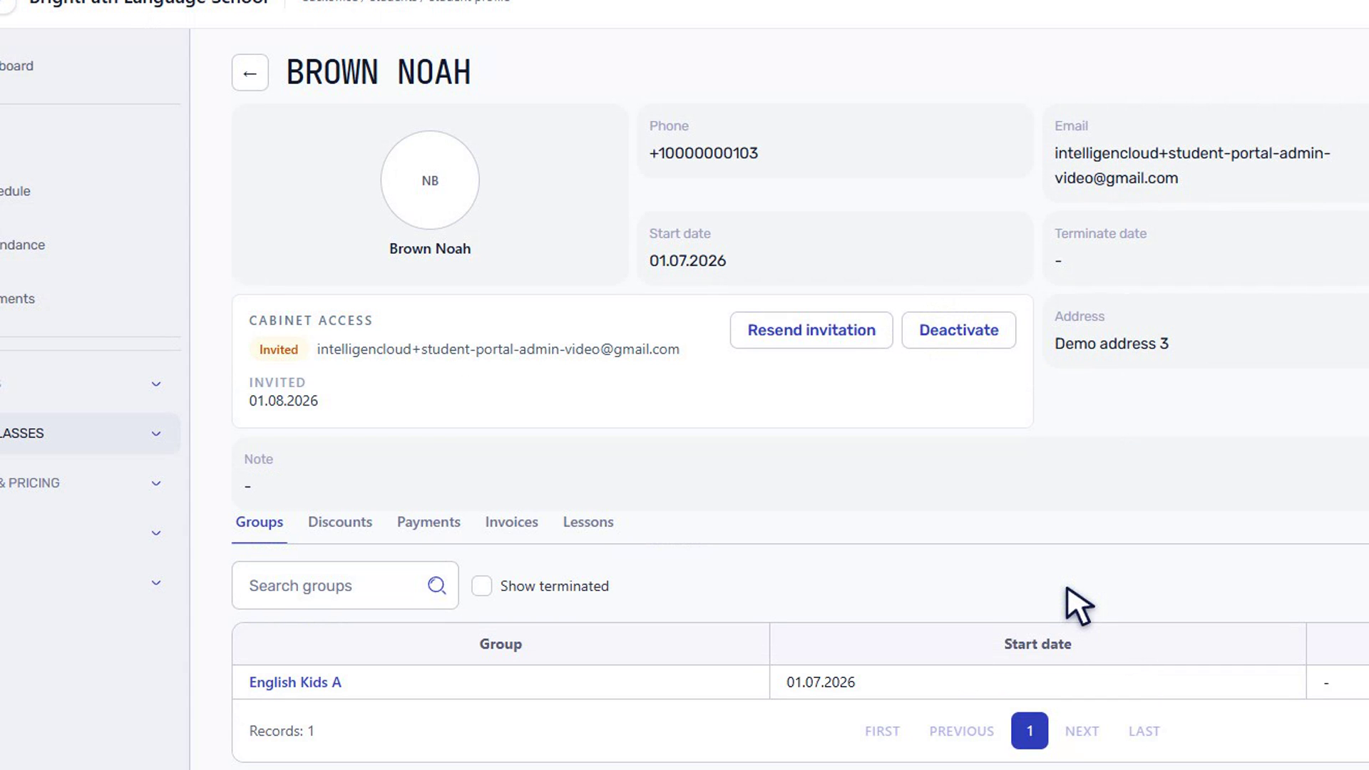 Cabinet access panel showing Invited status, invitation date, resend action, and deactivate action