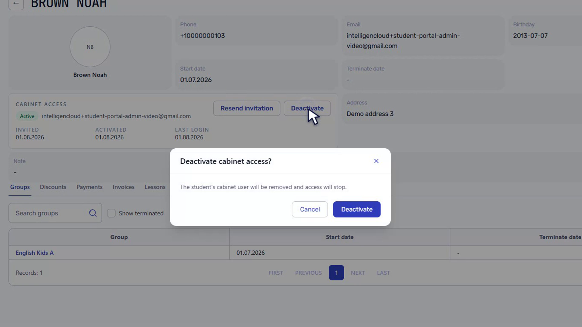 Confirmation dialog for deactivating student portal access