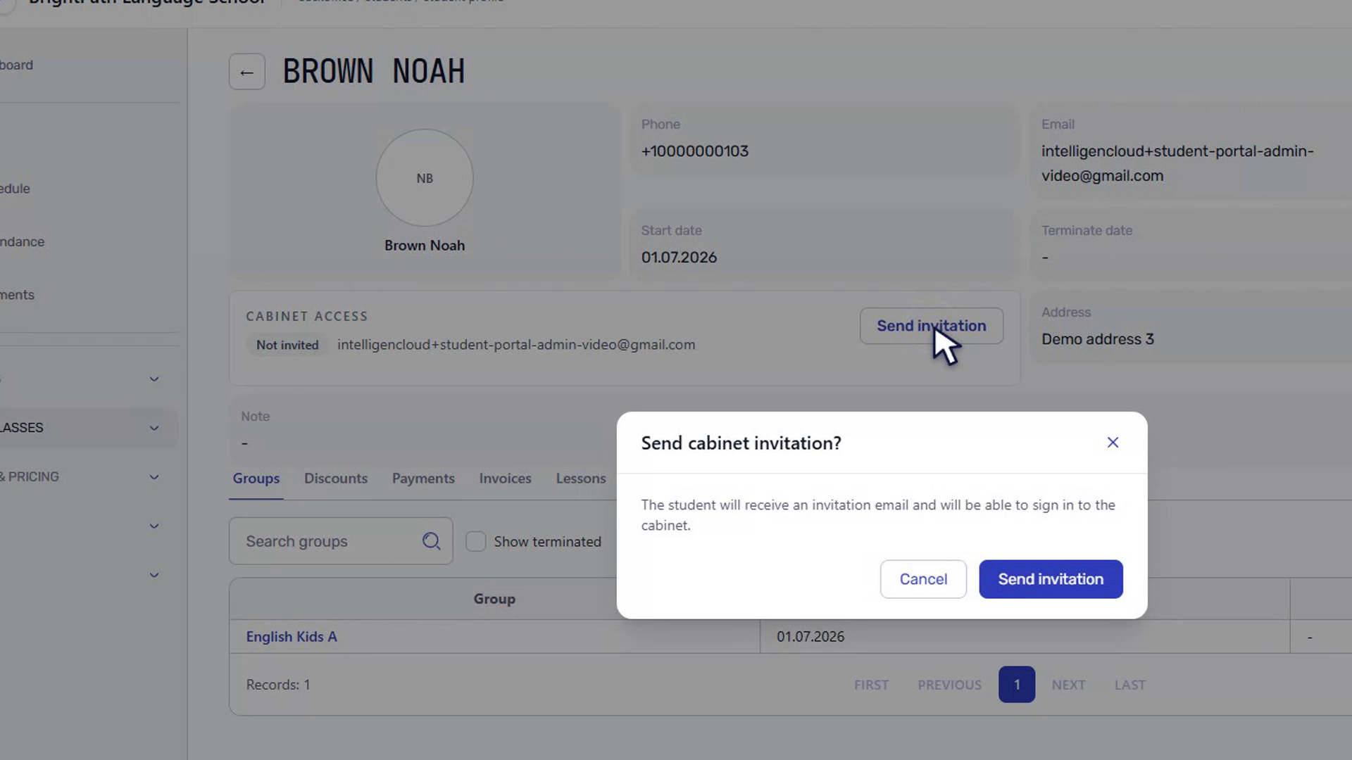 Confirmation dialog for sending a student portal invitation