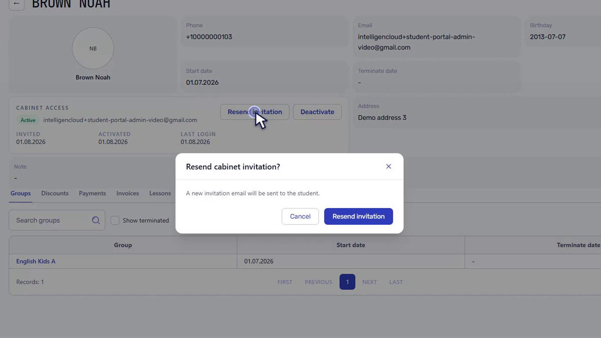 Confirmation dialog for resending a student portal invitation