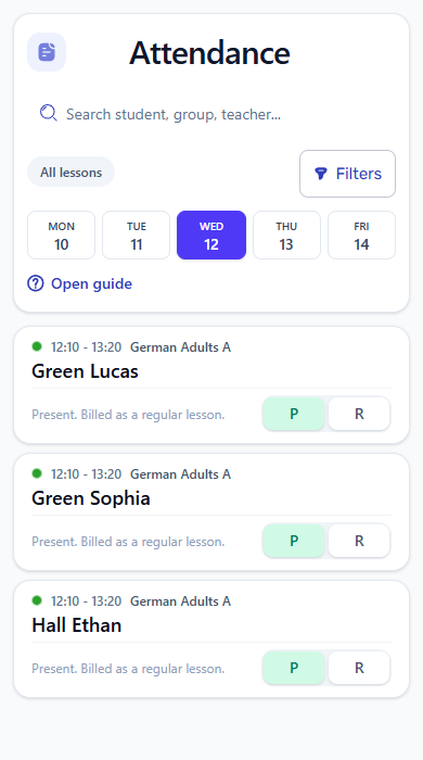 Mobile attendance journal showing the teacher's students and attendance controls
