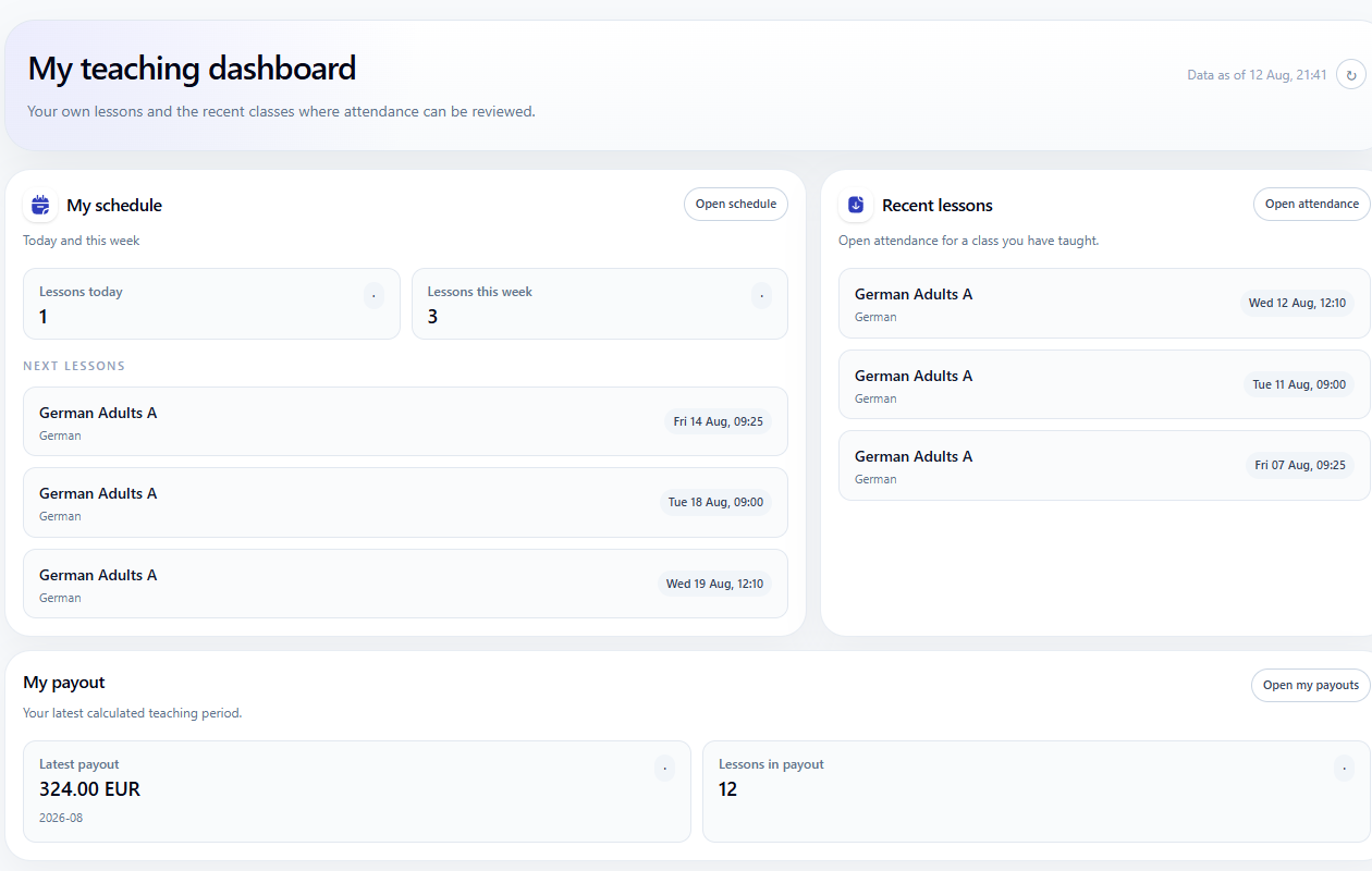 Intelligence Cloud teacher dashboard showing personal schedule, recent lessons, and latest payout