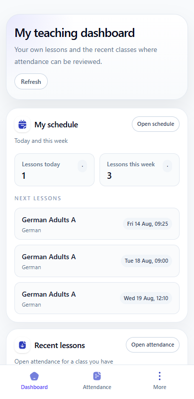 Mobile teacher dashboard with the next assigned lessons