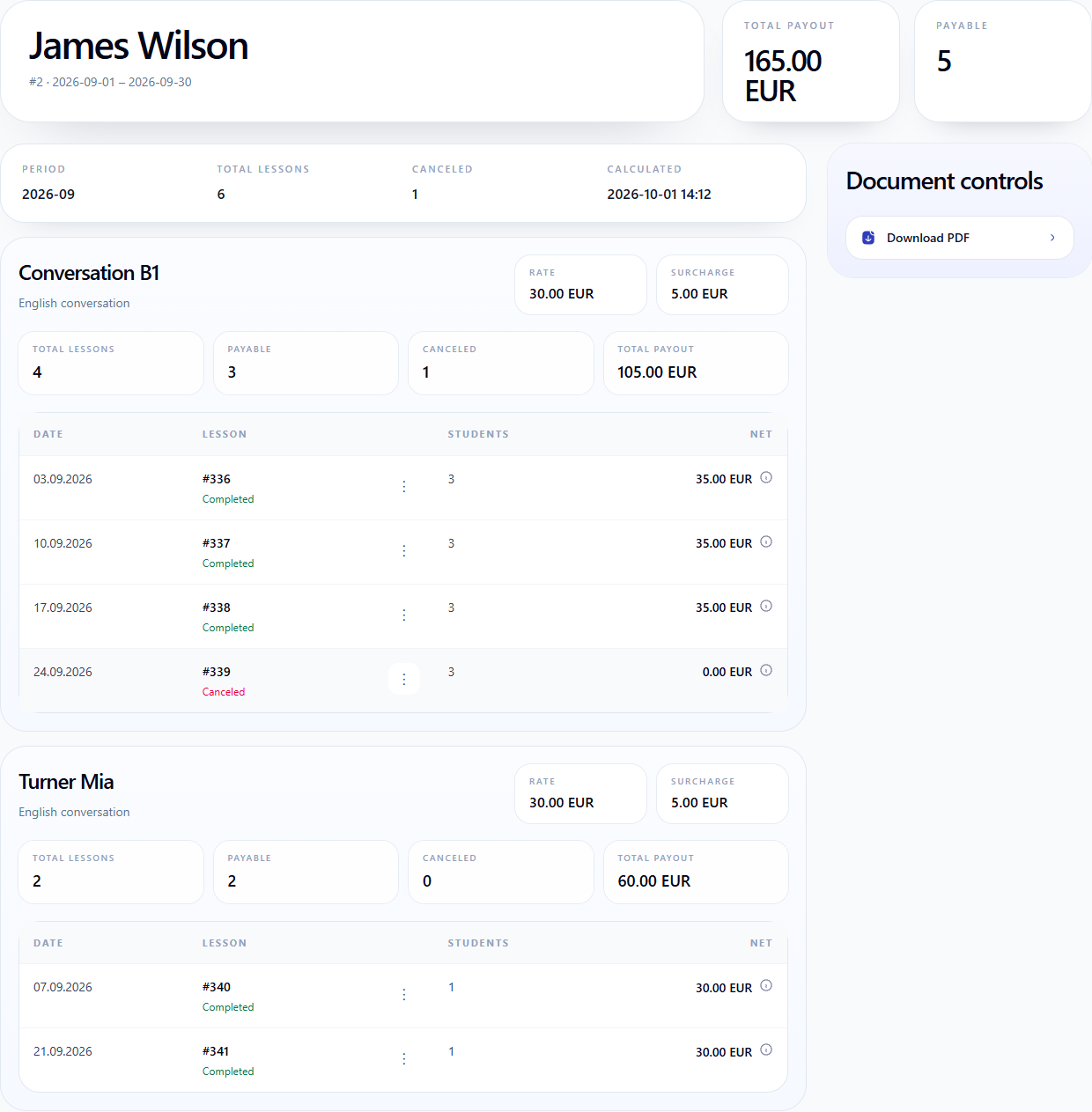 Teacher view of James Wilson's statement with group and individual lesson subtotals