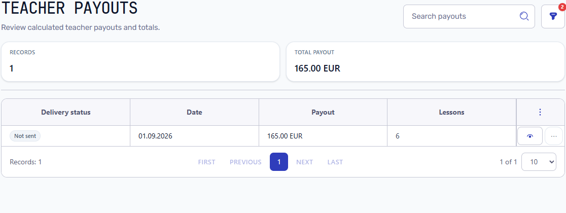 James Wilson's own payout list showing six lessons and 165 EUR