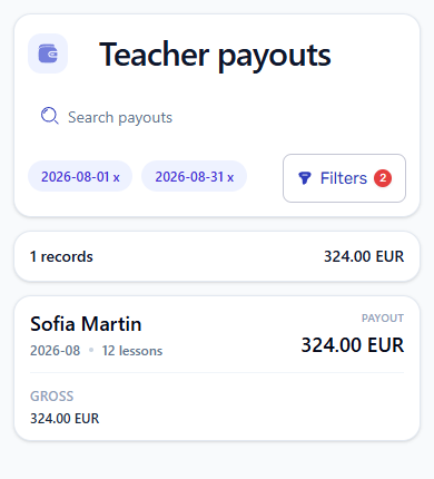 Mobile teacher payout card with period, lesson count, and payout total
