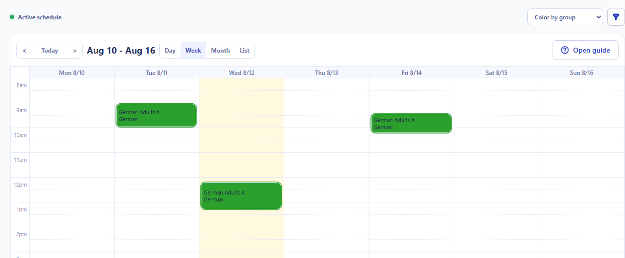 Teacher schedule with assigned German Adults A lessons in the weekly calendar