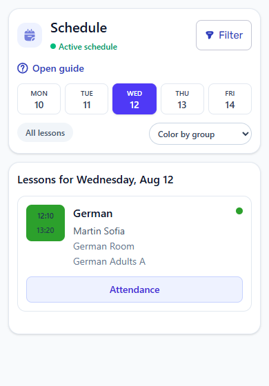 Mobile teacher schedule with an assigned lesson and Attendance action