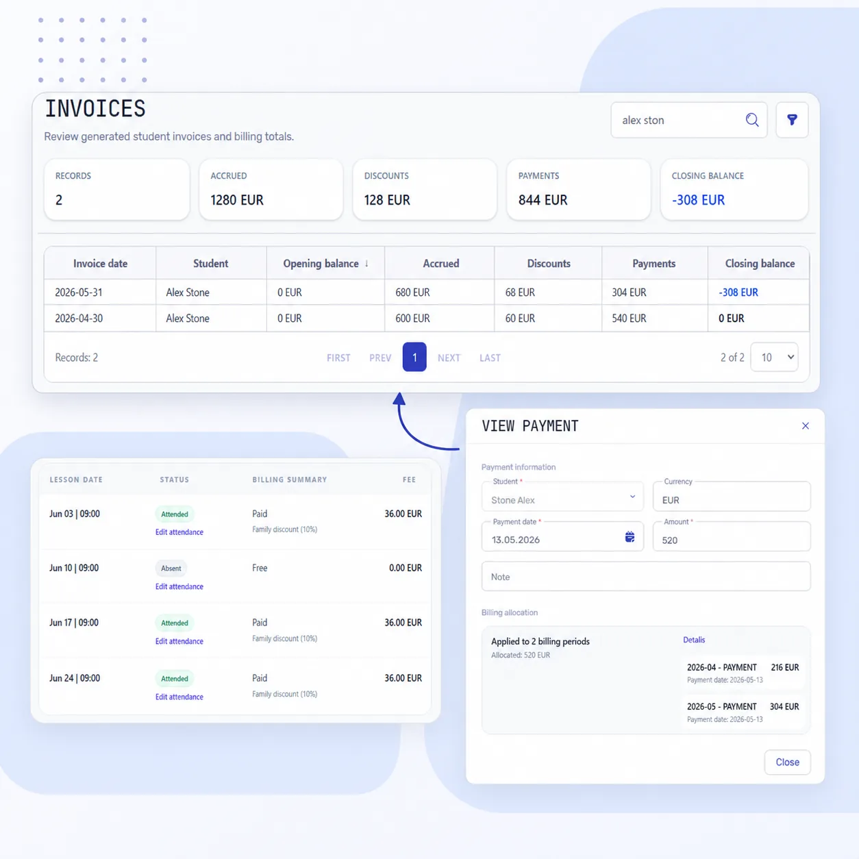 Intelligence Cloud student billing software showing lesson-based charges, invoices, payment allocation, and student balances