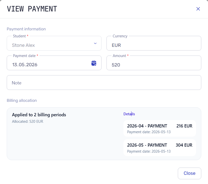 Alex Stone's 520 EUR payment with 216 EUR allocated to April and 304 EUR allocated to May