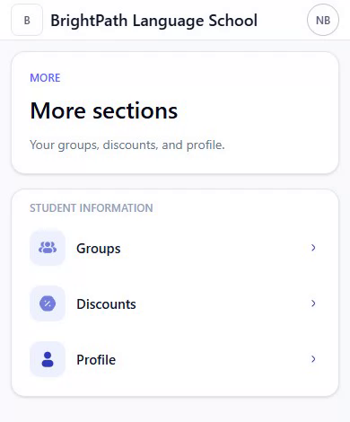 Розділ More із переходами до Groups, Discounts і Profile